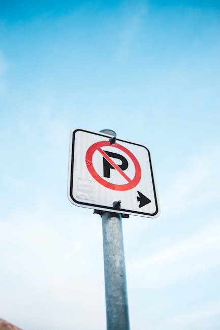 A rectangular white sign with a black border and a red circle with a diagonal line crossing out a black letter 'P', indicating no parking, mounted on a metal pole against a clear blue sky. In the back